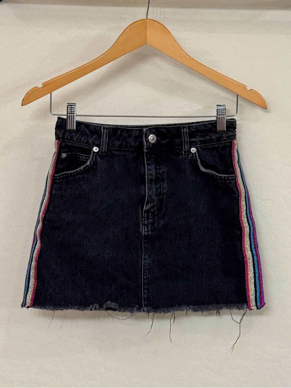 Topshop Moto Black Denim Rainbow Glitter Side Stripe Festival Mini Skirt Size 4